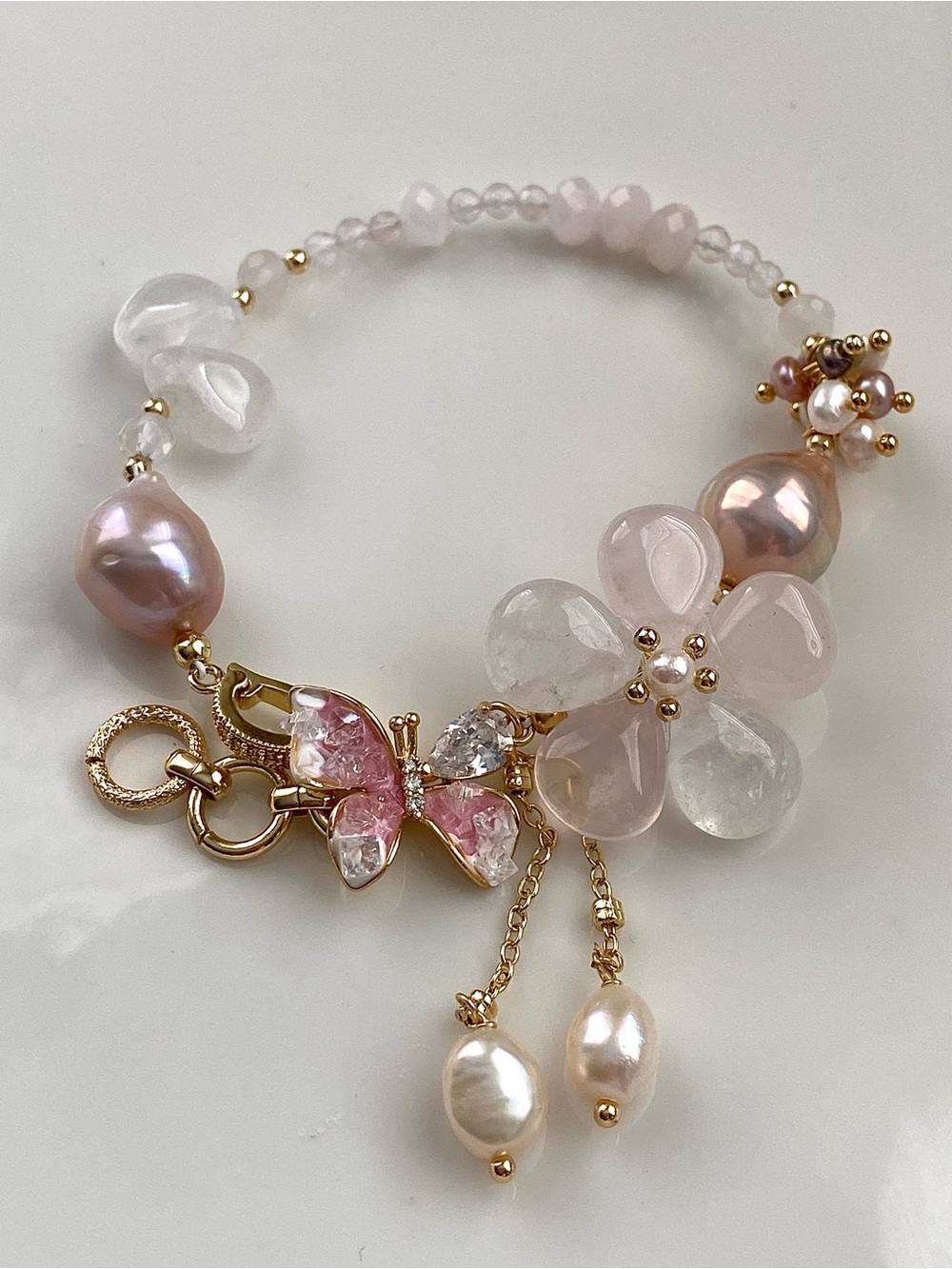 B178-Handmade Rose Quartz Flower And Pink Edsion Pearl Butterfly Bracelet - Picture 3 of 6